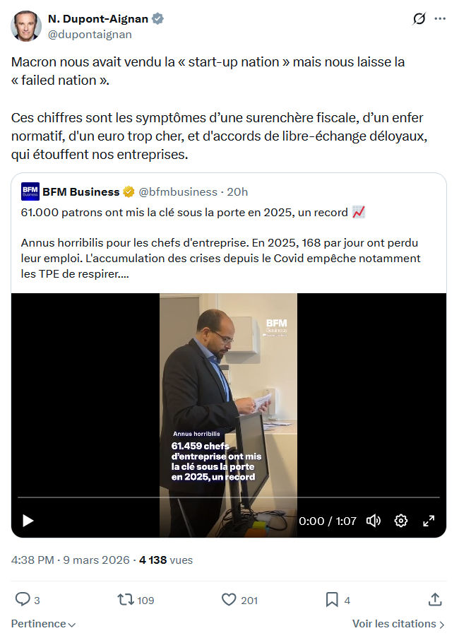 Nicolas Dupont-Aignan: Macron nous avait vendu la « start-up nation »...