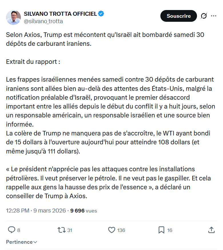 Silvano Trotta: Selon Axios, Trump est mécontent qu'Israël...