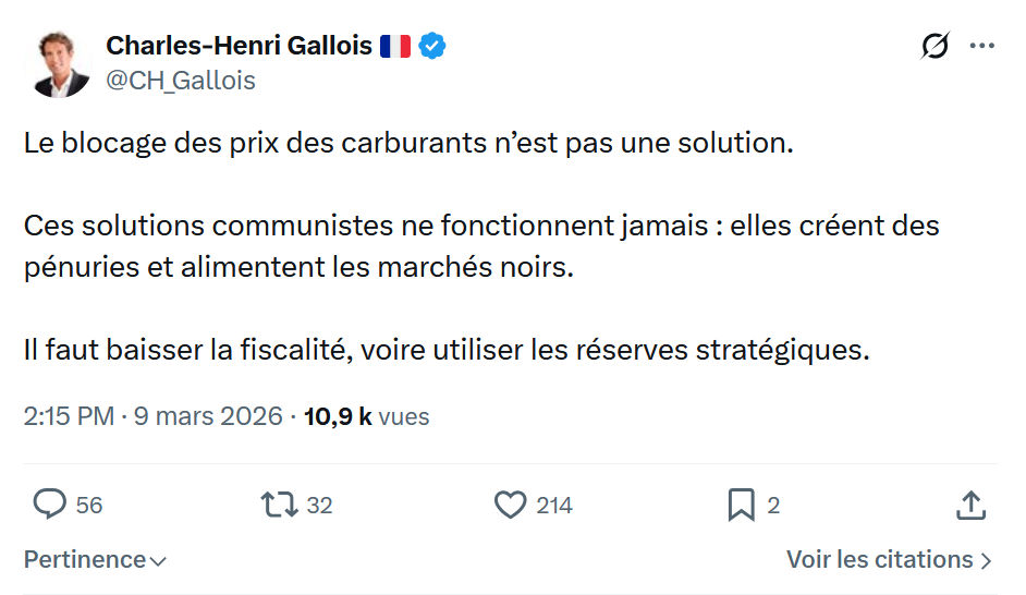 Charles-Henri Gallois: Le blocage des prix des carburants...