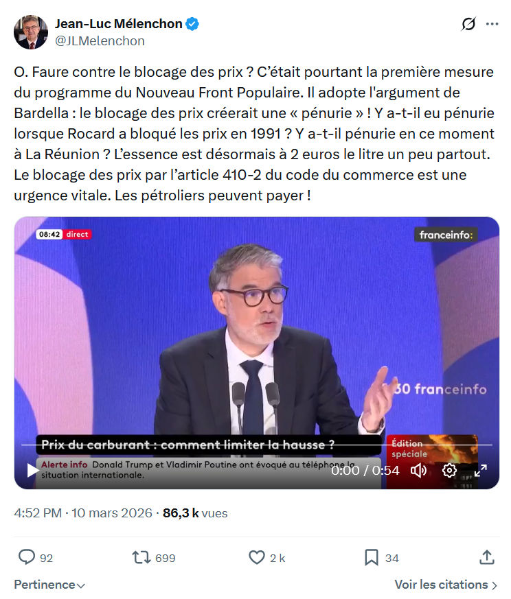 Jean-Luc Mélenchon: O. Faure contre le blocage des prix...