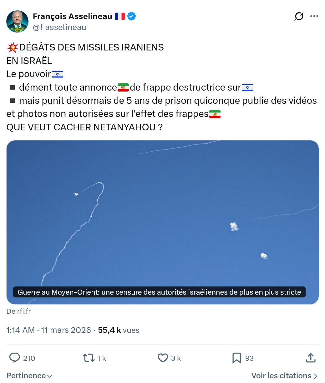 Francois Asselineau: DÉGÂTS DES MISSILES IRANIENS EN ISRAËL...