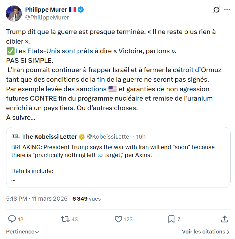 Philippe Murer: Trump dit que la guerre est presque terminée...