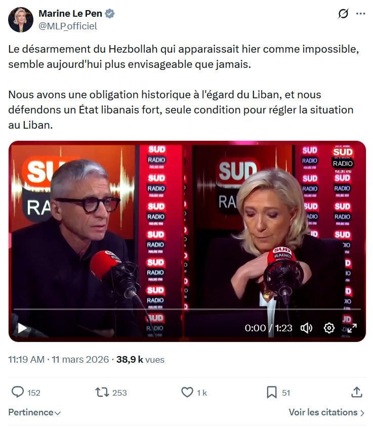 Marine Le Pen: Le désarmement du Hezbollah...