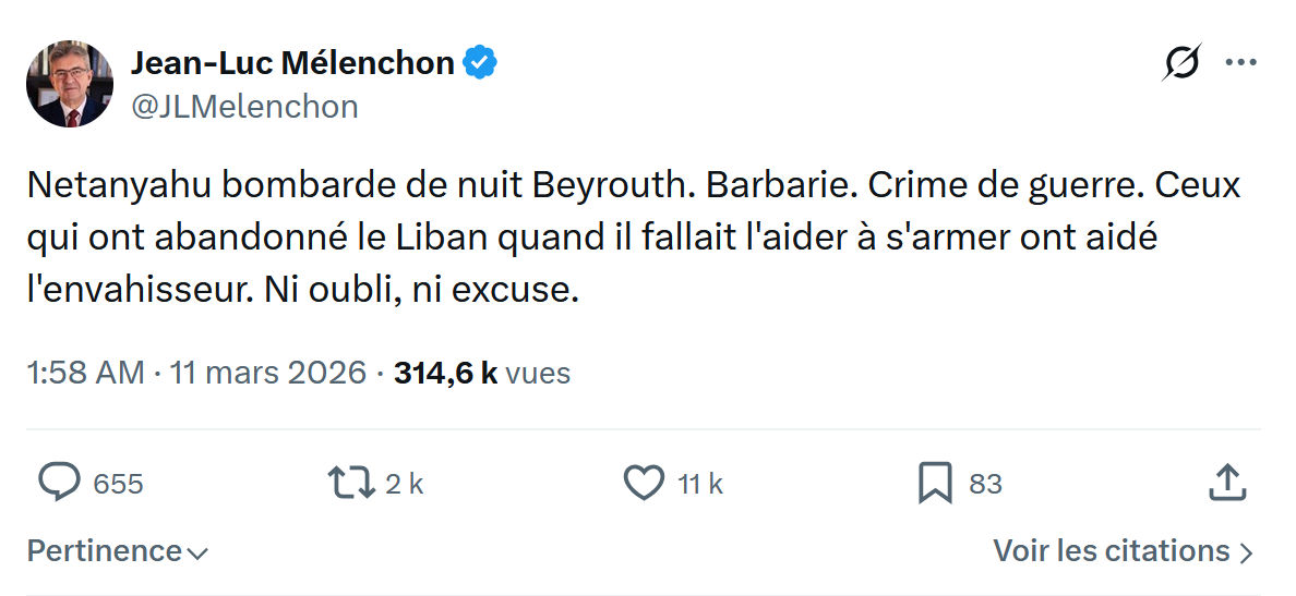Jean-Luc Mélenchon: Netanyahu bombarde de nuit Beyrouth...