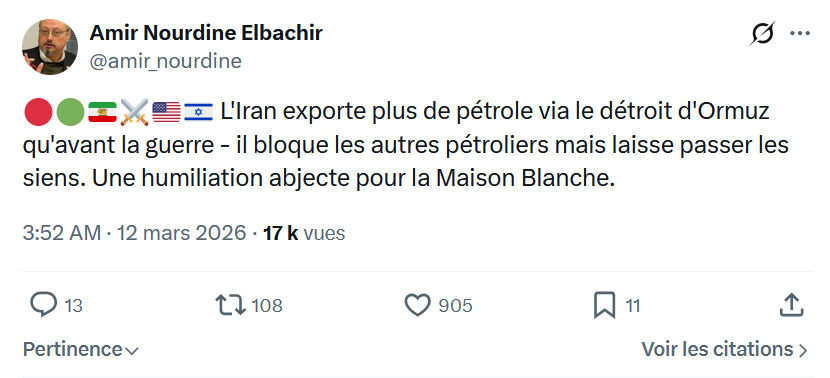 Amir Nourdine Elbachir: L'Iran exporte plus de pétrole via le détroit d'Ormuz...