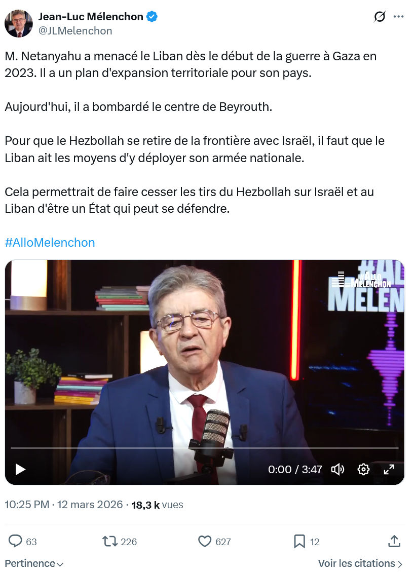 Jean-Luc Mélenchon: M. Netanyahu a menacé le Liban dès le début...