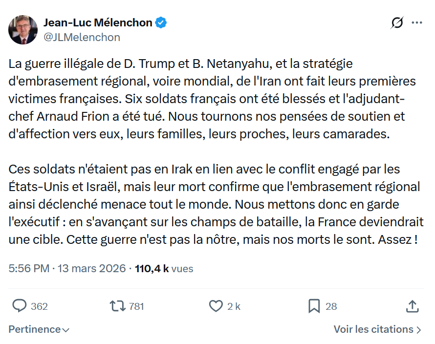 Jean-Luc Mélenchon: La guerre illégale de D. Trump et B. Netanyahu...