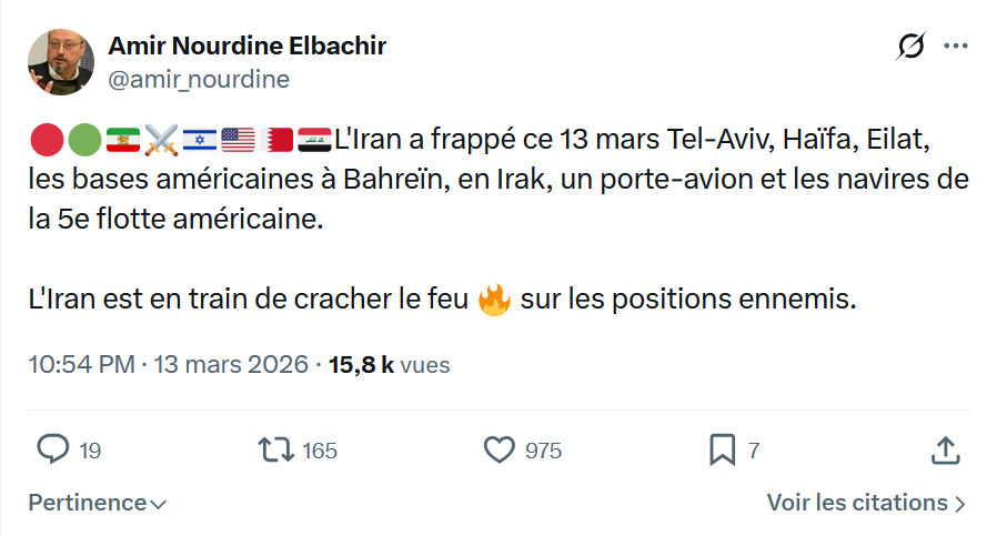 Amir Nourdine Elbachir: L'Iran a frappé ce 13 mars Tel-Aviv…