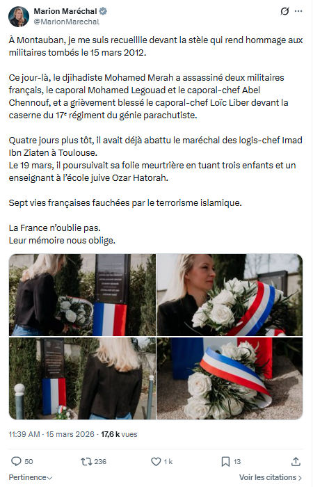 Marion Maréchal- Le Pen: À Montauban, je me suis recueillie devant...