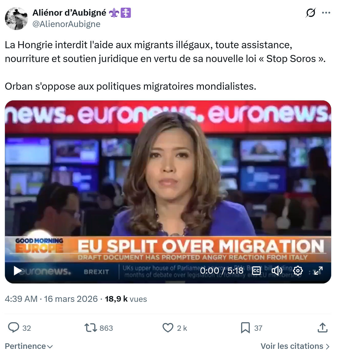Aliénor d' Aubigné: La Hongrie interdit l'aide aux migrants illégaux…