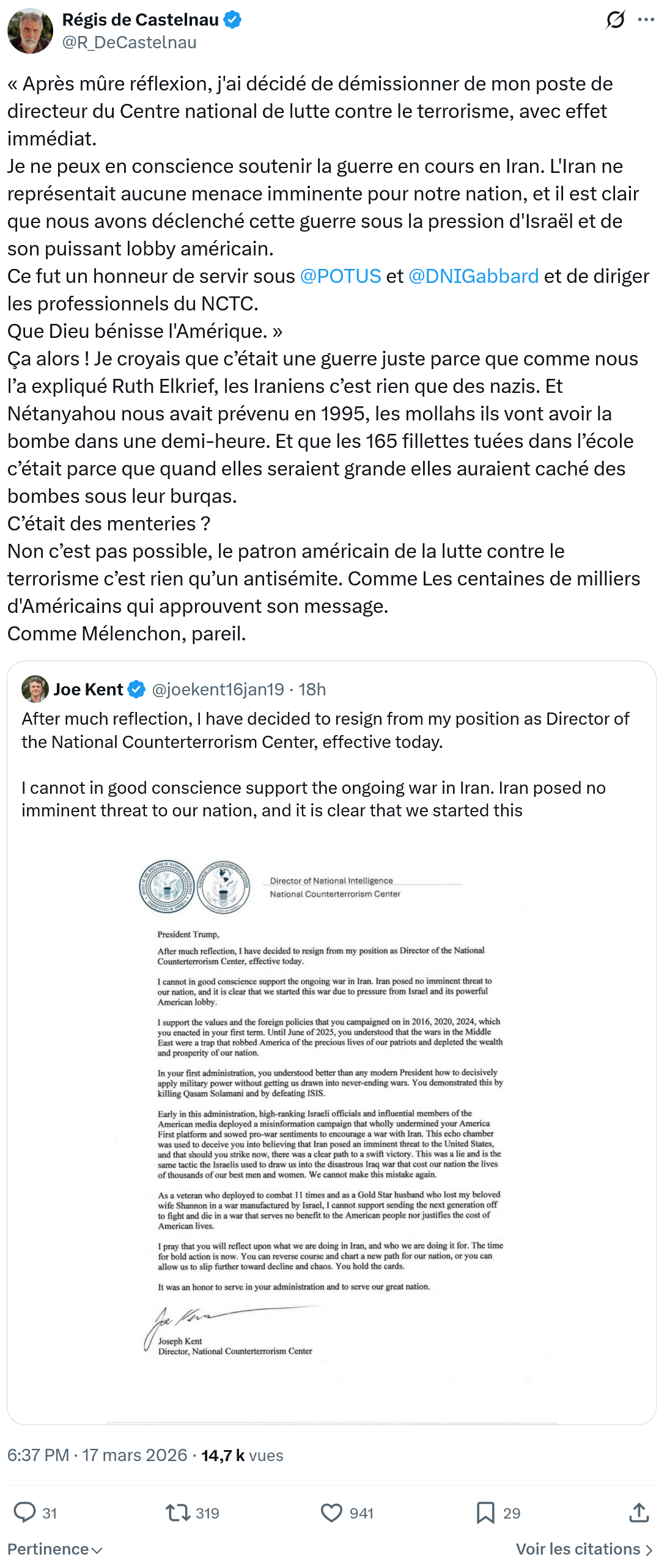 Régis de Castelnau: Après mûre réflexion, j'ai décidé de démissionner…