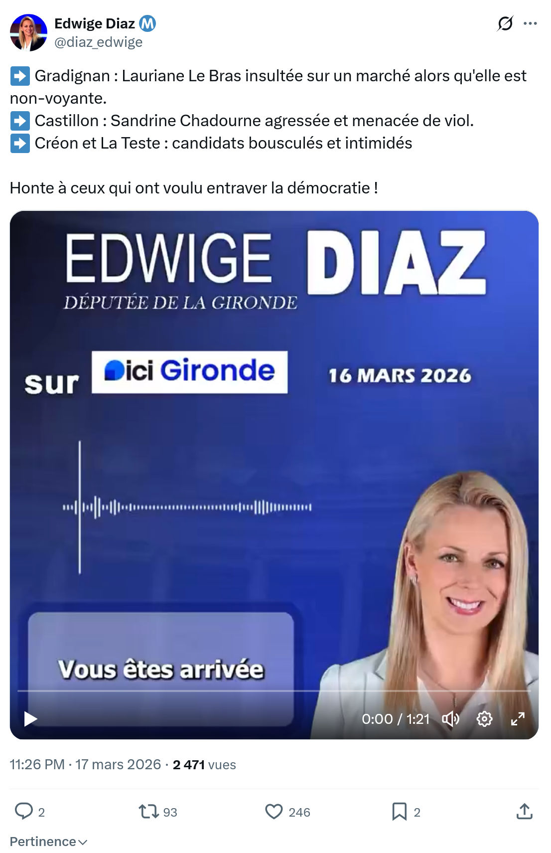 Edwige Diaz: Gradignan : Lauriane Le Bras insultée…
