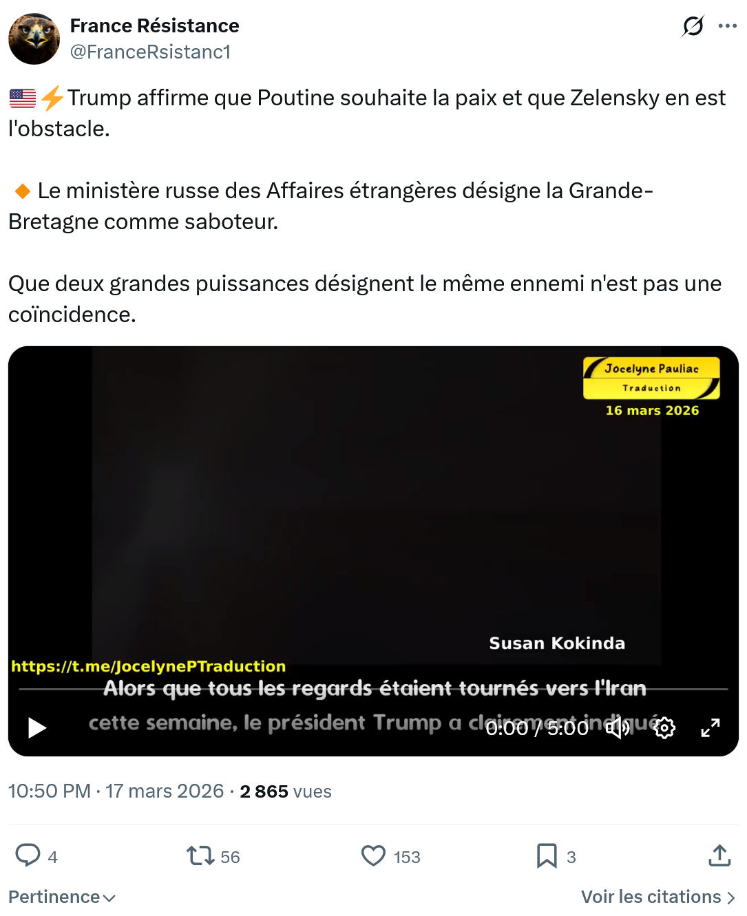 France Résistance: Trump affirme que Poutine souhaite…