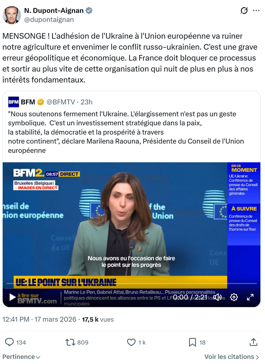 Nicolas Dupont-Aignan: MENSONGE ! L'adhésion de l'Ukraine à l'Union européenne…