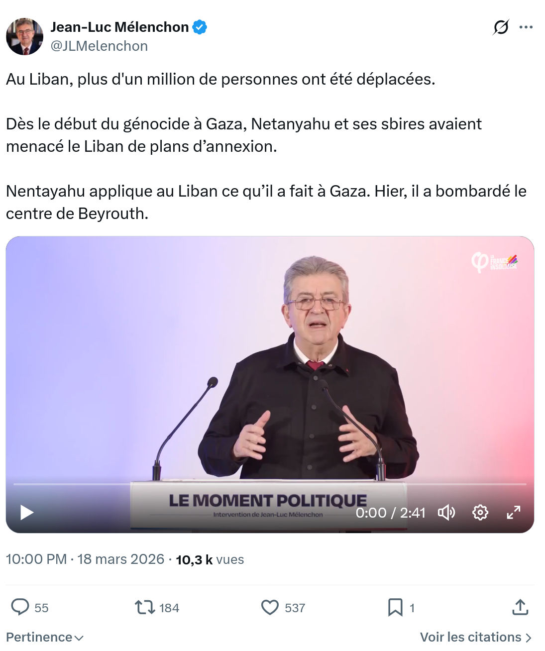 Jean-Luc Mélenchon: Au Liban, plus d'un million de personnes...
