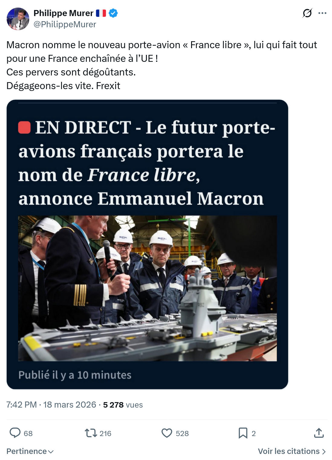 Philippe Murer: Macron nomme le nouveau porte-avion « France libre »…