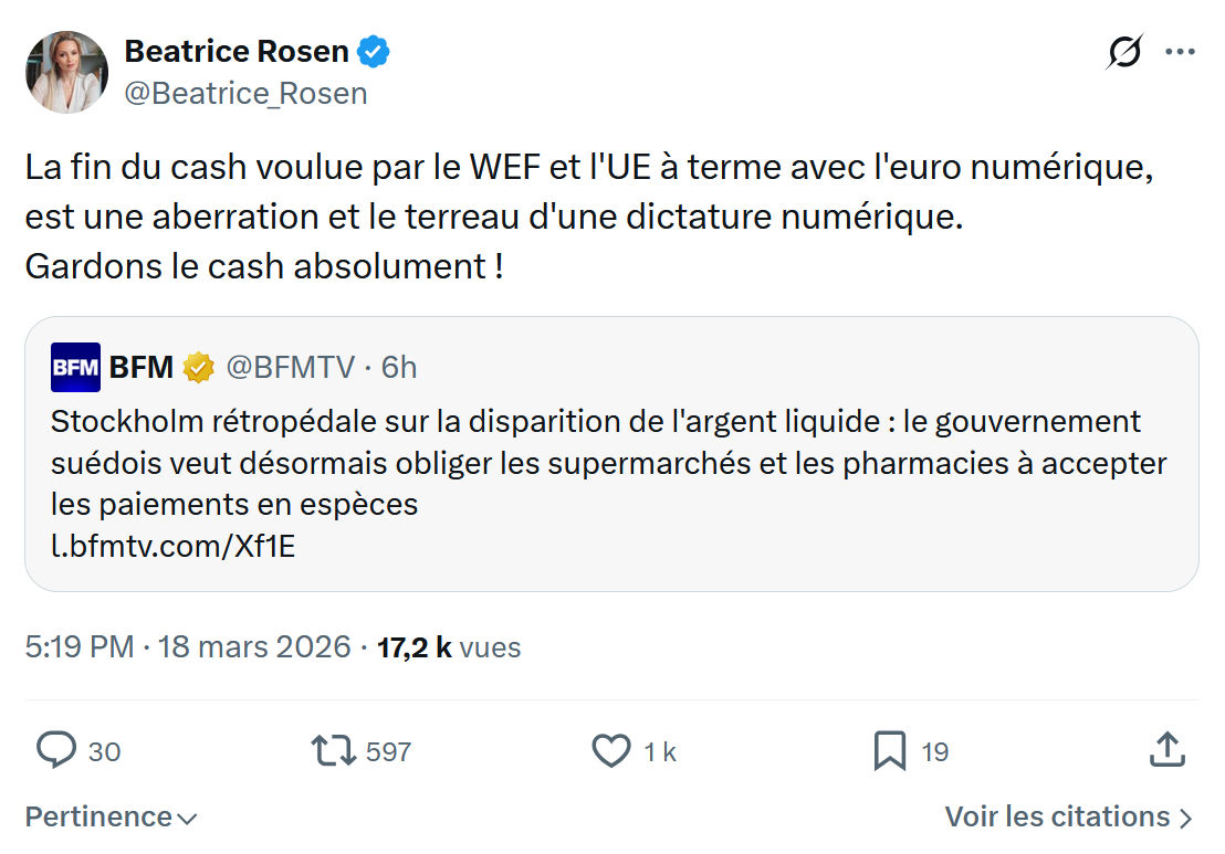 Béatrice Rosen: La fin du cash voulue par le WEF…