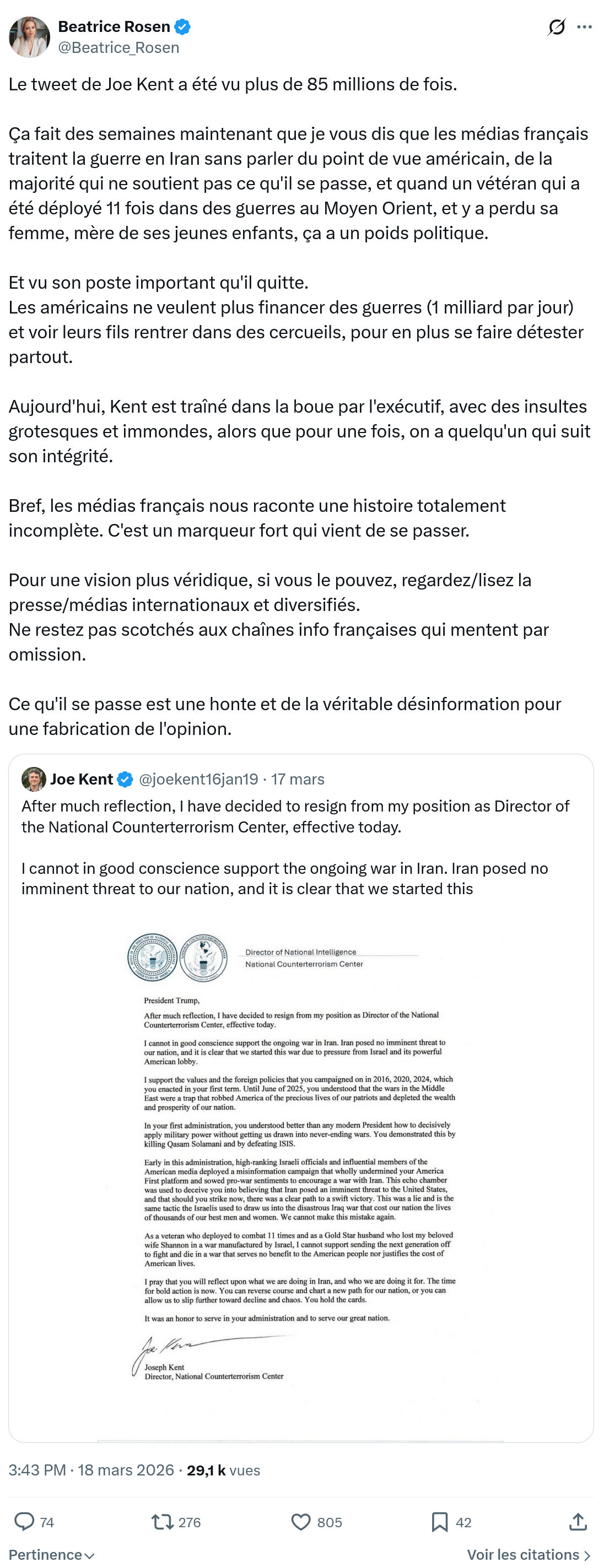 Béatrice Rosen: Le tweet de Joe Kent…