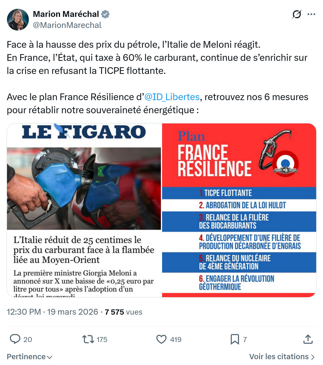 Marion Maréchal- Le Pen: Face à la hausse des prix du pétrole…