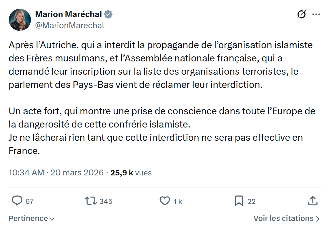 Marion Maréchal- Le Pen: Après l’Autriche, qui a interdit la propagande de l’organisation...