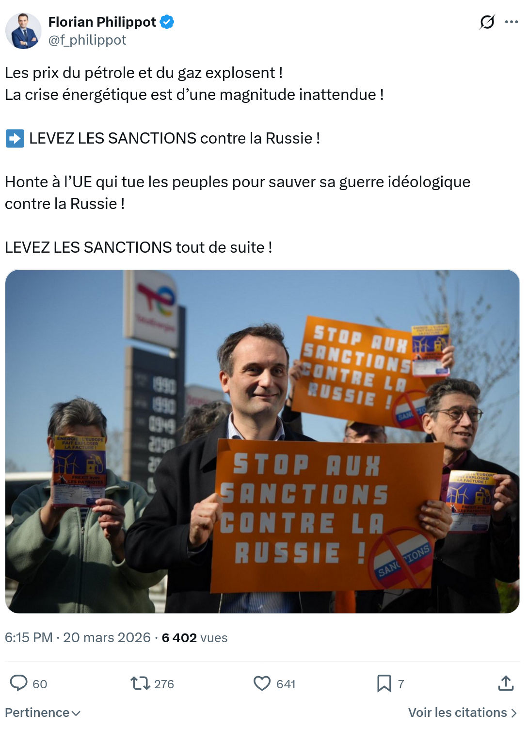 Florian Philippot: Les prix du pétrole et du gaz…