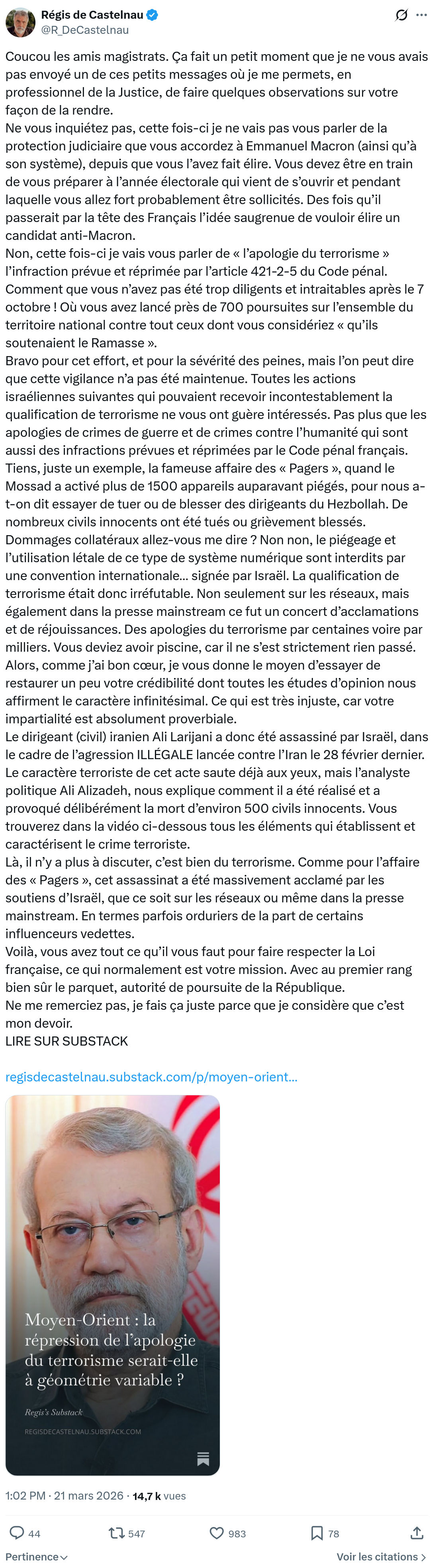 Régis de Castelnau: Coucou les amis magistrats…