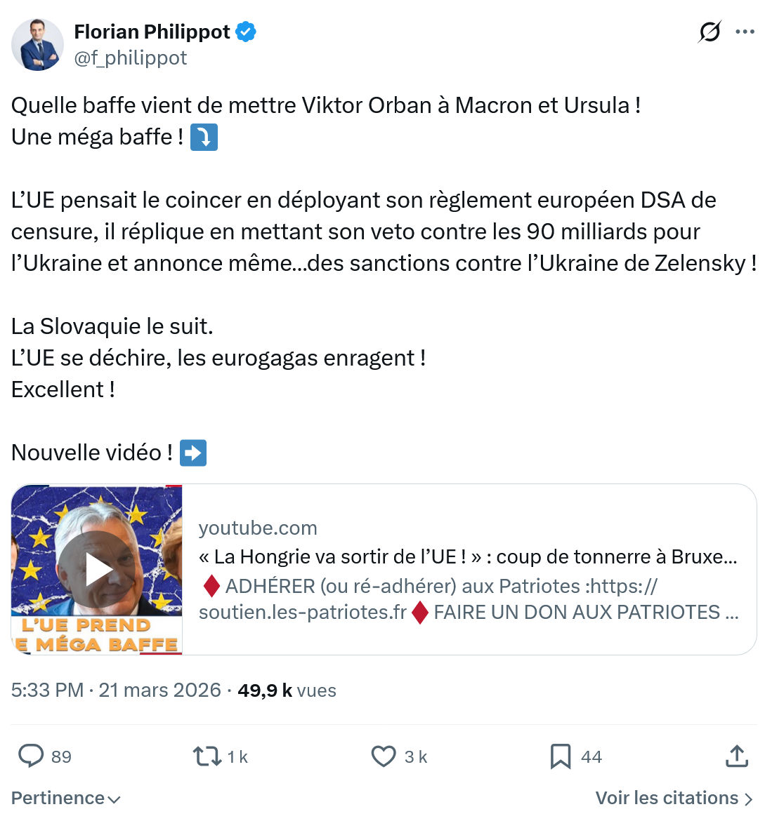 Florian Philippot: Quelle baffe vient de mettre Viktor Orban…