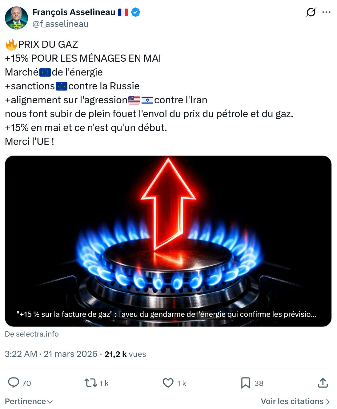 Francois Asselineau: PRIX DU GAZ +15%…