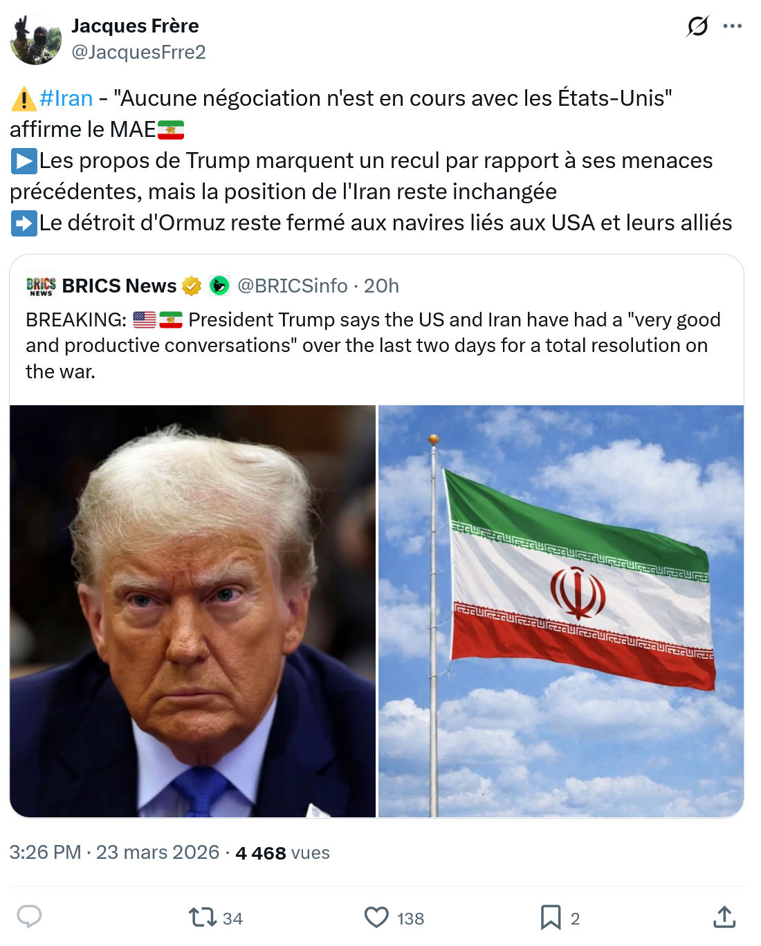 Jacques Frère: #Iran - "Aucune négociation n'est en cours avec les États-Unis"…