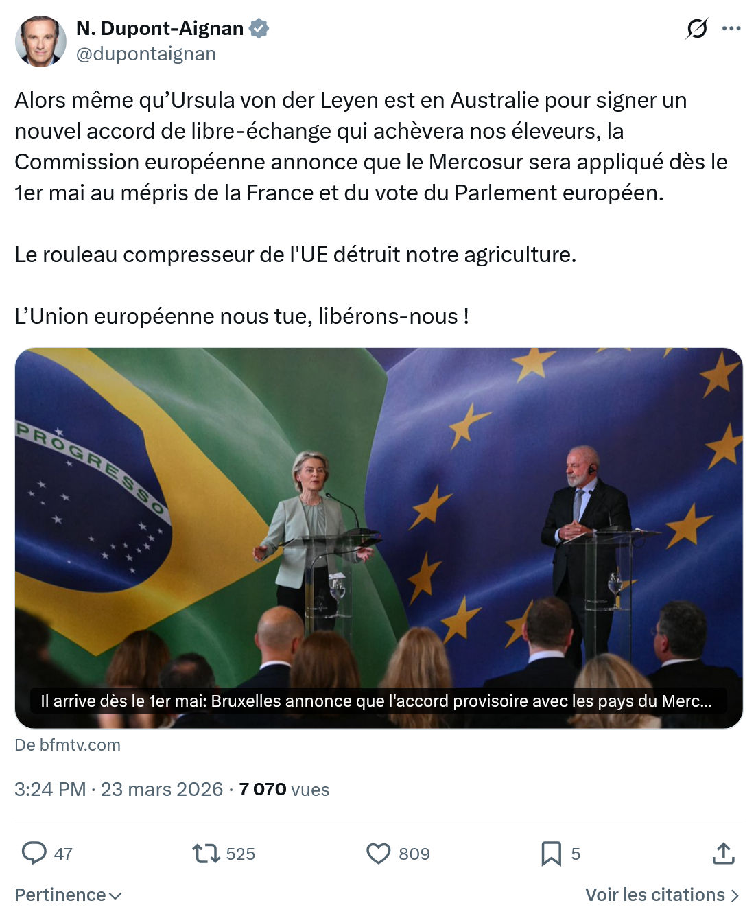Nicolas Dupont-Aignan: Alors même qu’Ursula von der Leyen…
