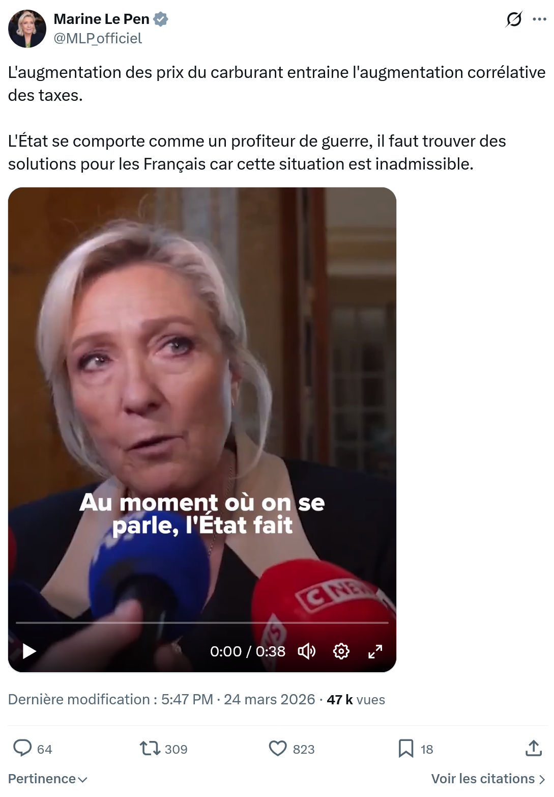 Marine Le Pen: L'augmentation des prix du carburant...