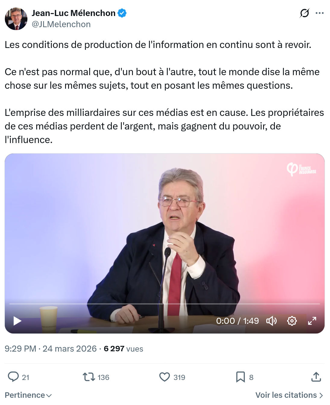 Jean-Luc Mélenchon: Les conditions de production de l'information…