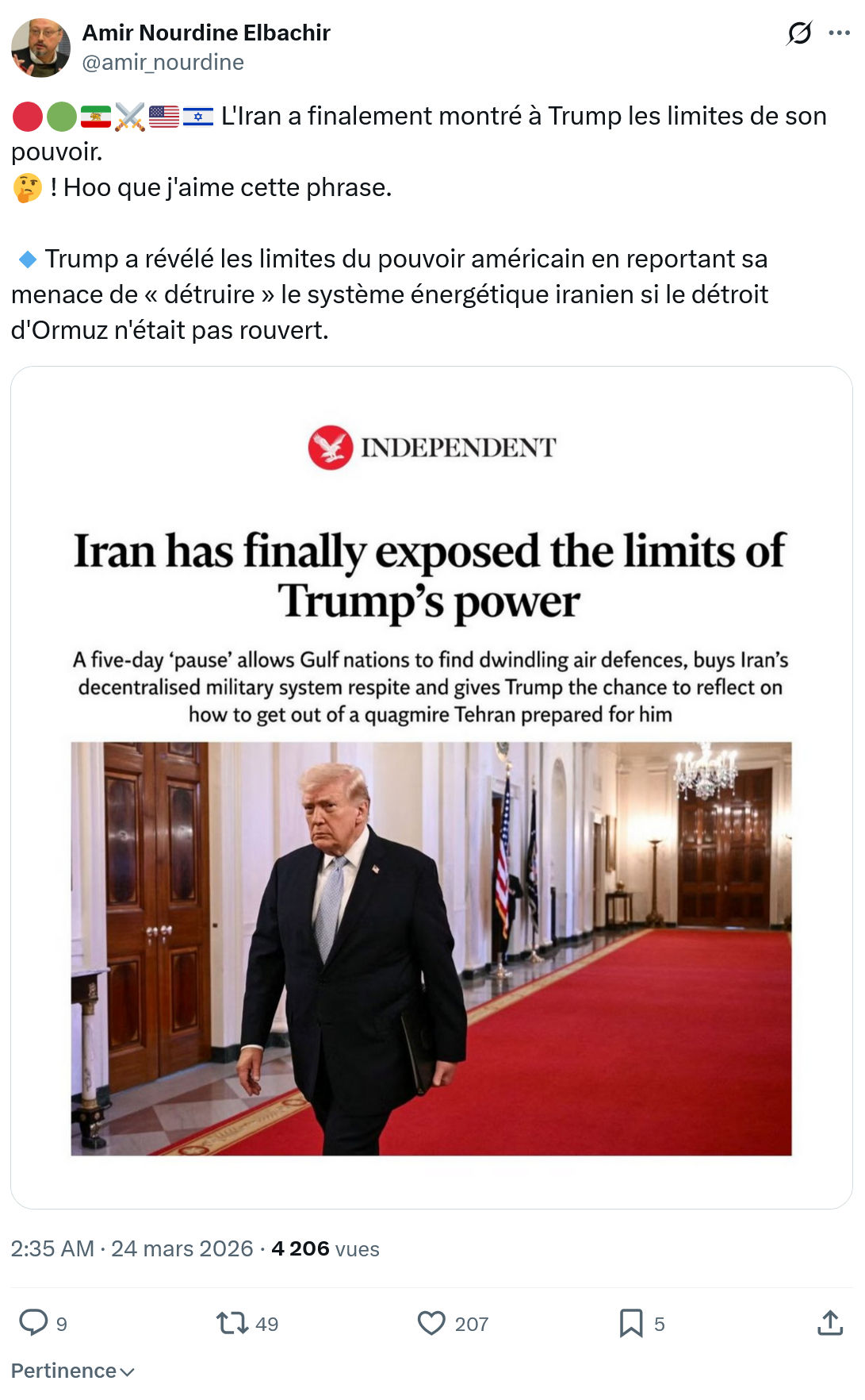 Amir Nourdine Elbachir: L'Iran a finalement montré à Trump…