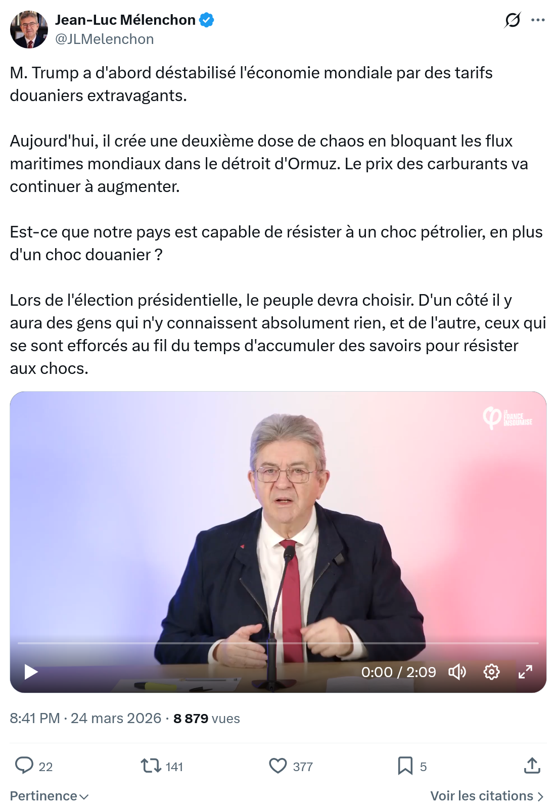 Jean-Luc Mélenchon: M. Trump a d'abord déstabilisé…