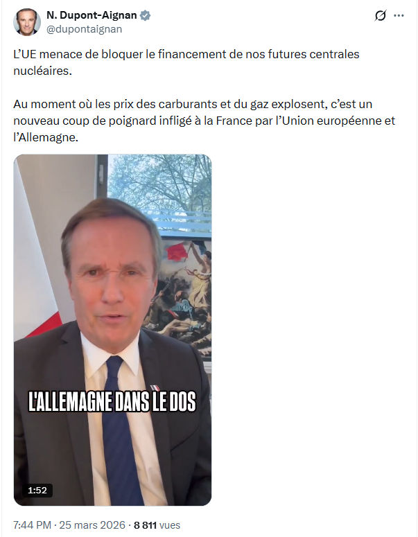 Nicolas Dupont-Aignan: L’UE menace de bloquer le financement…