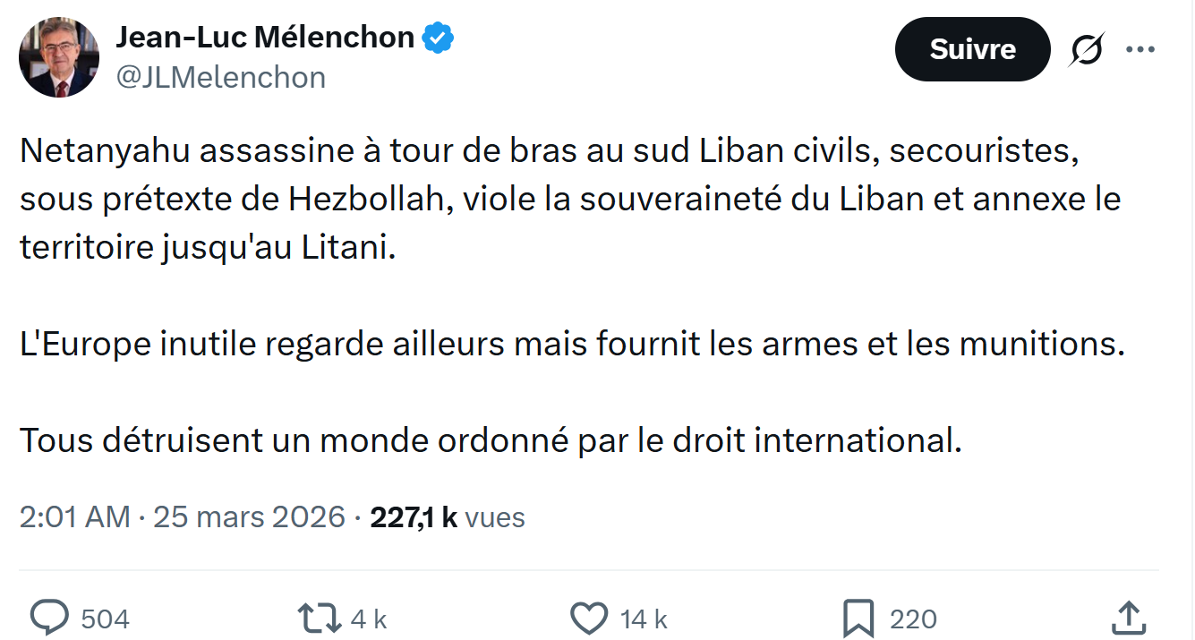 Jean-Luc Mélenchon: Netanyahu assassine à tour de bras…
