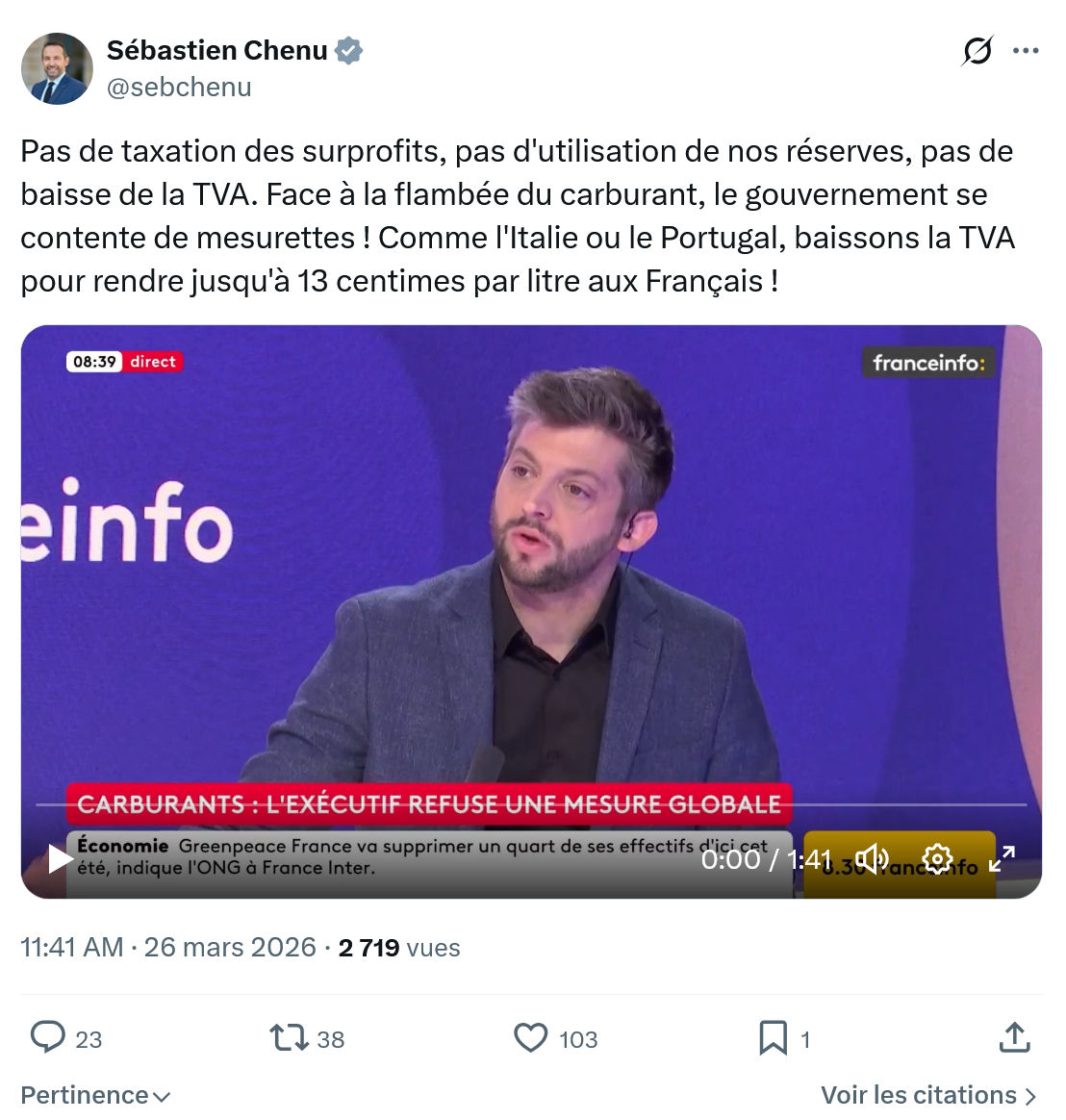 Sébastien Chenu: Pas de taxation des surprofits…