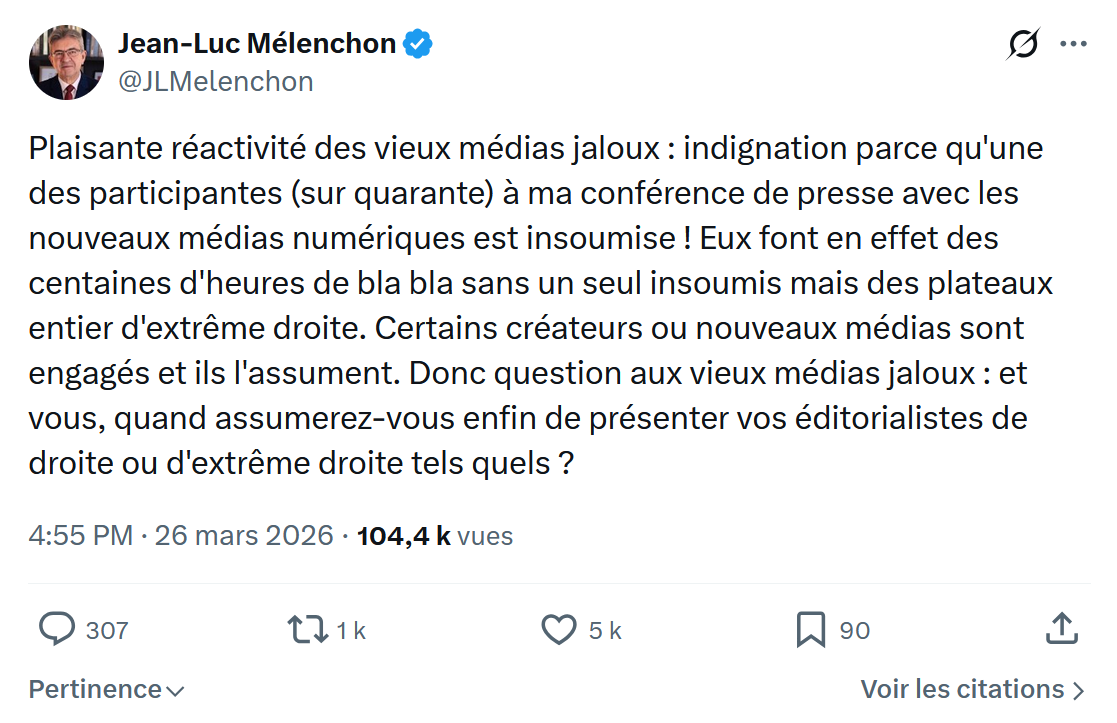 Jean-Luc Mélenchon: Plaisante réactivité des vieux médias jaloux…
