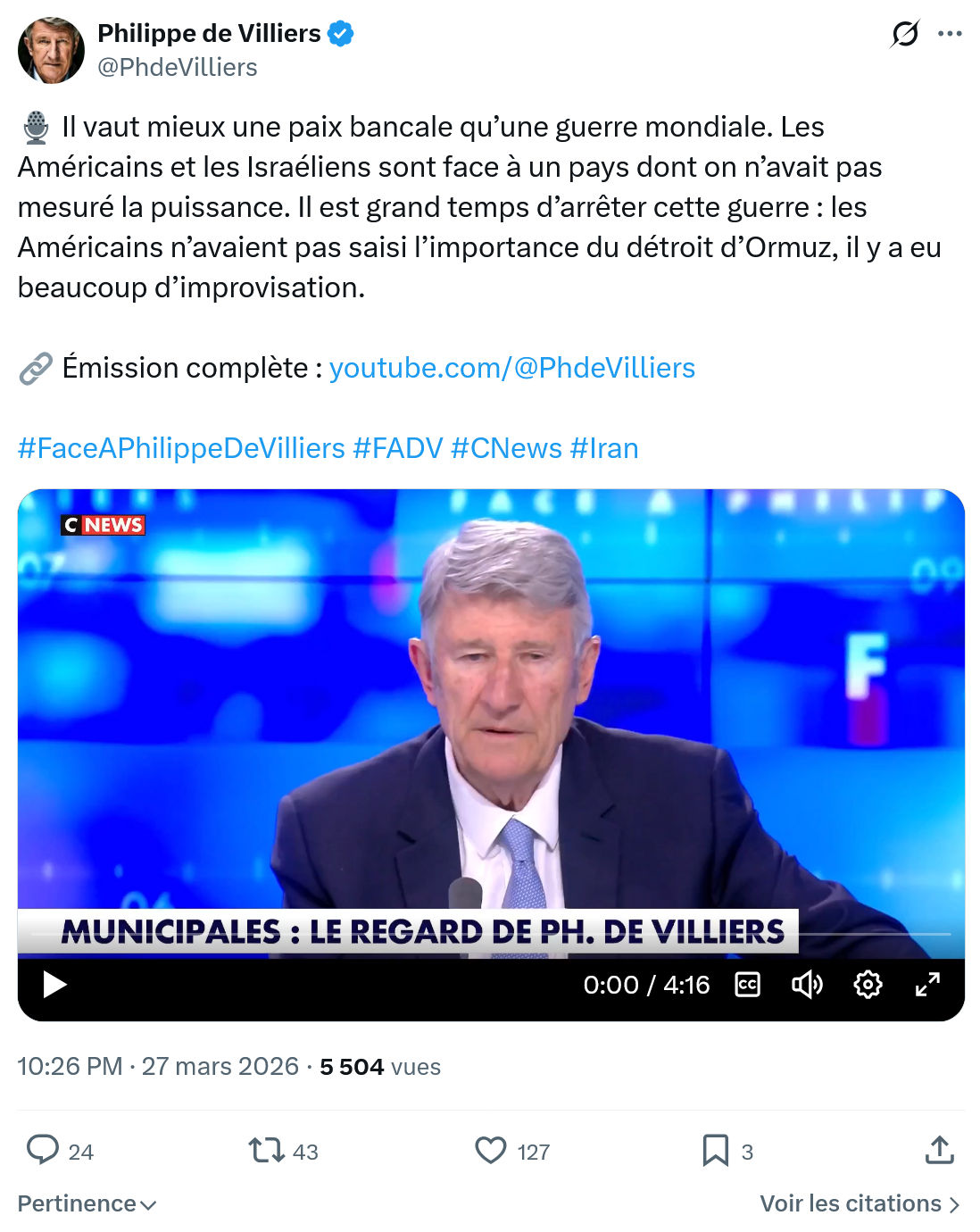 Philippe de Villiers: Il vaut mieux une paix bancale…