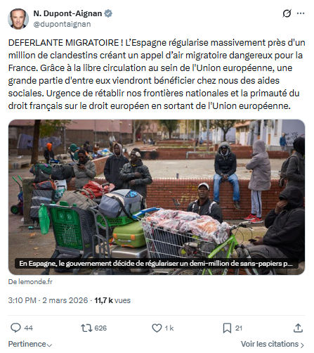 Nicolas Dupont-Aignan: DEFERLANTE MIGRATOIRE...