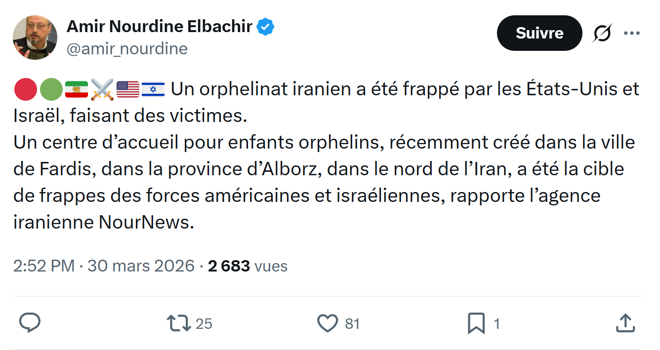 Amir Nourdine Elbachir: Un orphelinat iranien a été frappé par les États-Unis…