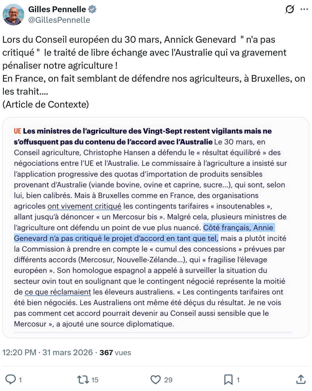 Gilles Pennelle: Lors du Conseil européen du 30 mars…