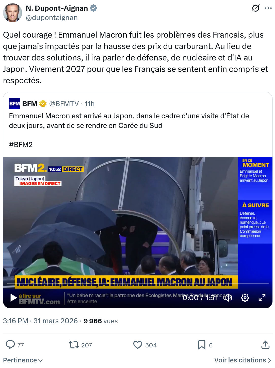 Nicolas Dupont-Aignan: Quel courage ! Emmanuel Macron fuit les problèmes…