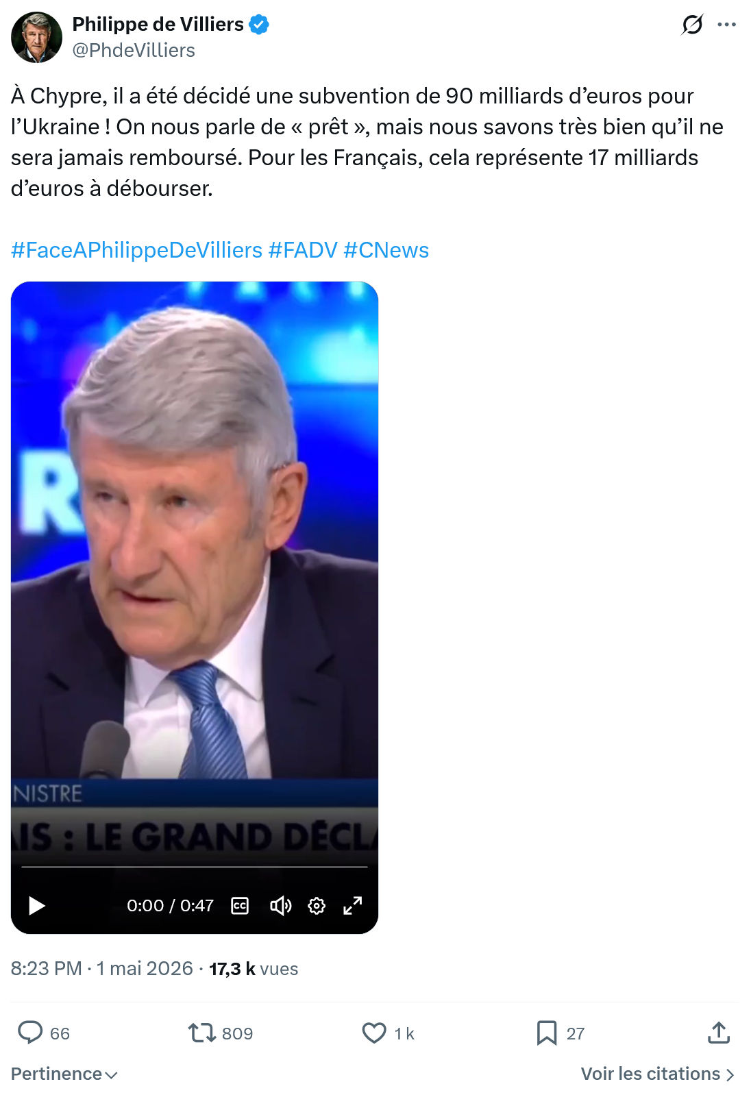 Philippe de Villiers: À Chypre, il a été décidé une subvention…