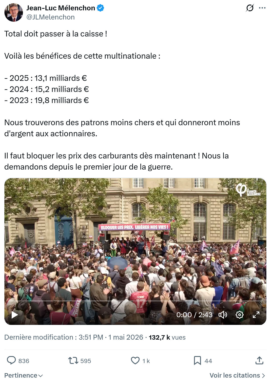 Jean-Luc Mélenchon: Total doit passer à la caisse…