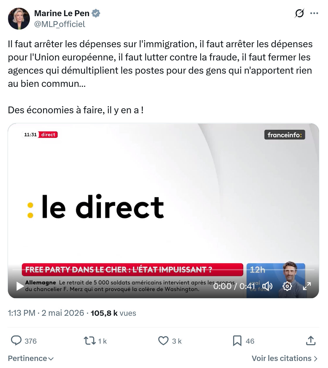 Marine Le Pen: Il faut arrêter les dépenses sur l'immigration…