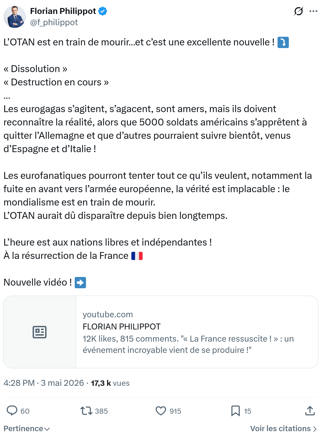 Florian Philippot: L’OTAN est en train de mourir…