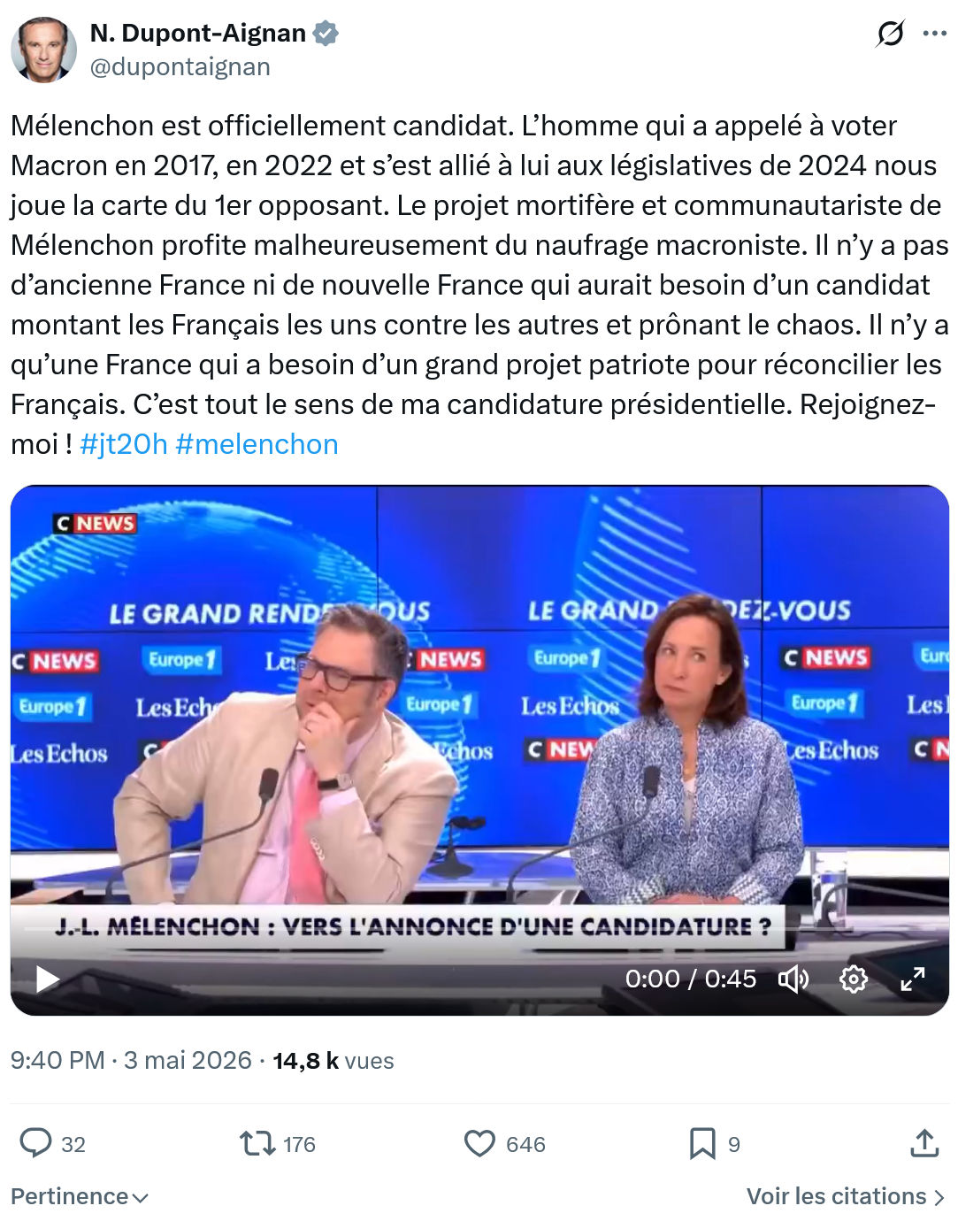 Nicolas Dupont-Aignan: Mélenchon est officiellement candidat…