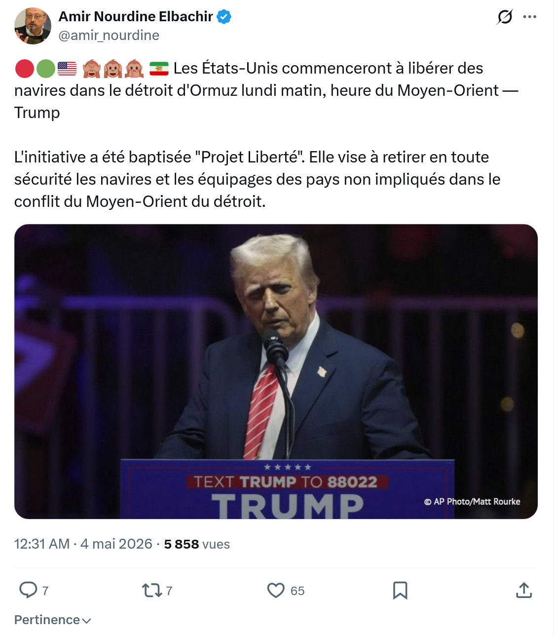 Amir Nourdine Elbachir: Les États-Unis commenceront à libérer…