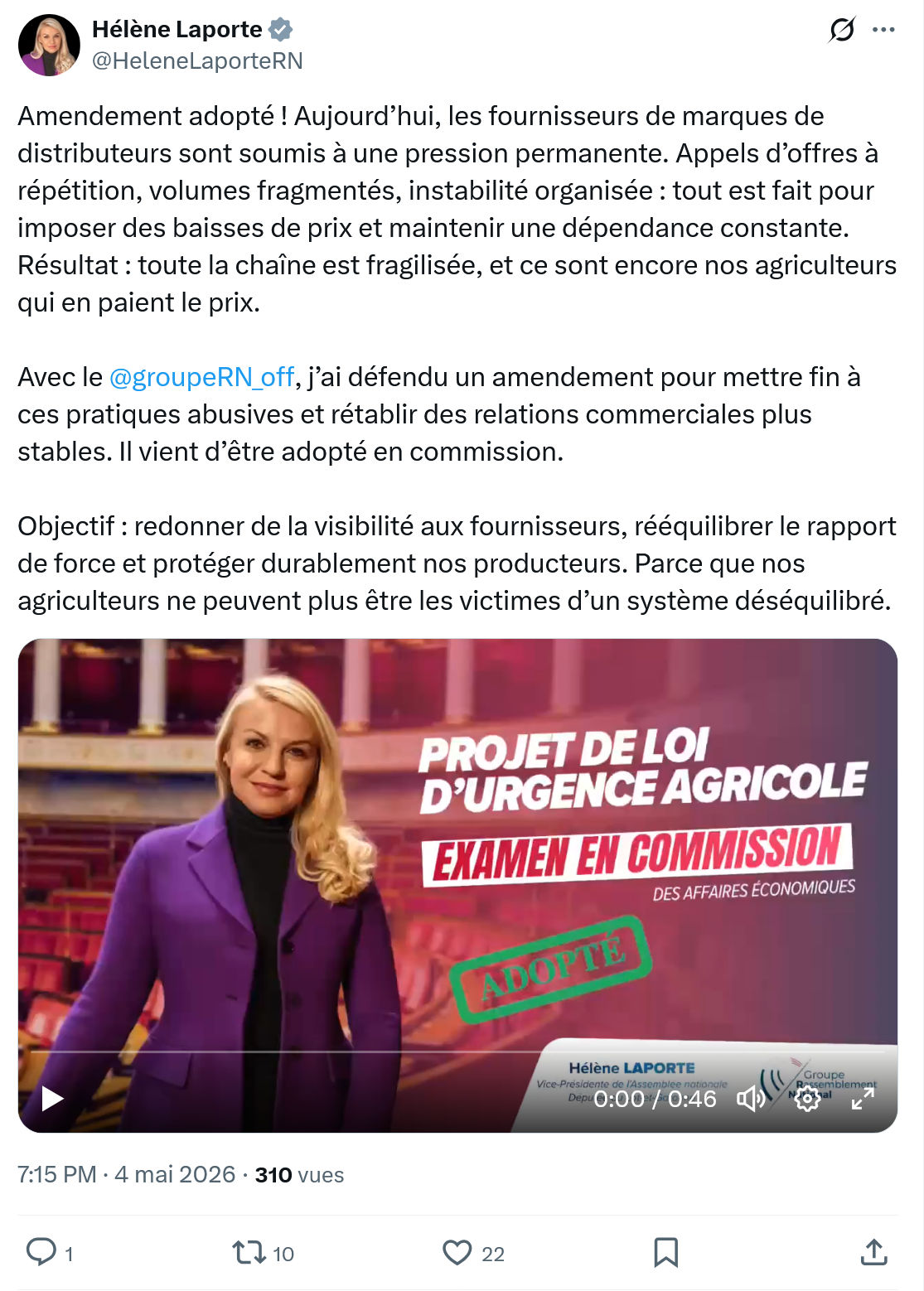 Hélène Laporte: Amendement adopté ! Aujourd’hui…